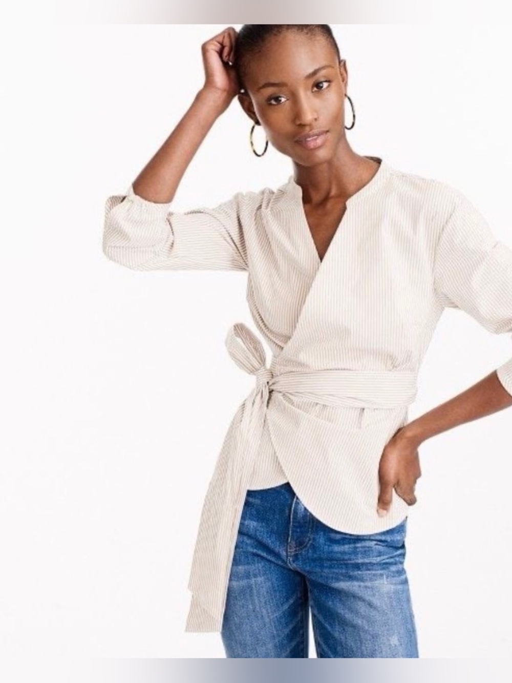J Crew XS Striped Wrap Blouse in Cream
